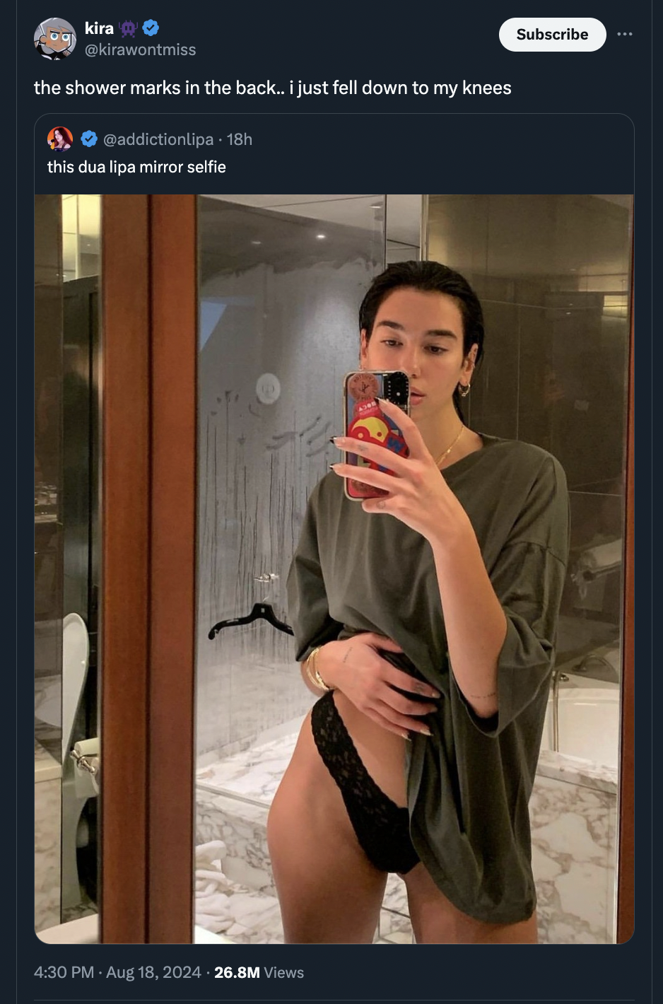 dua lipa shower selfie - kira the shower marks in the back... I just fell down to my knees 18h this dua lipa mirror selfie 26.8M Views Subscribe